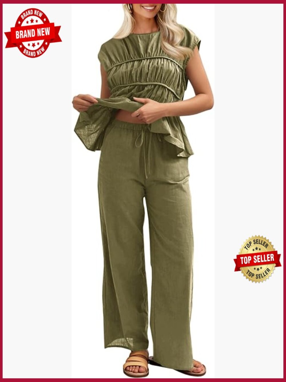 Linen Babydoll Peplum Tank Top & Pants Set